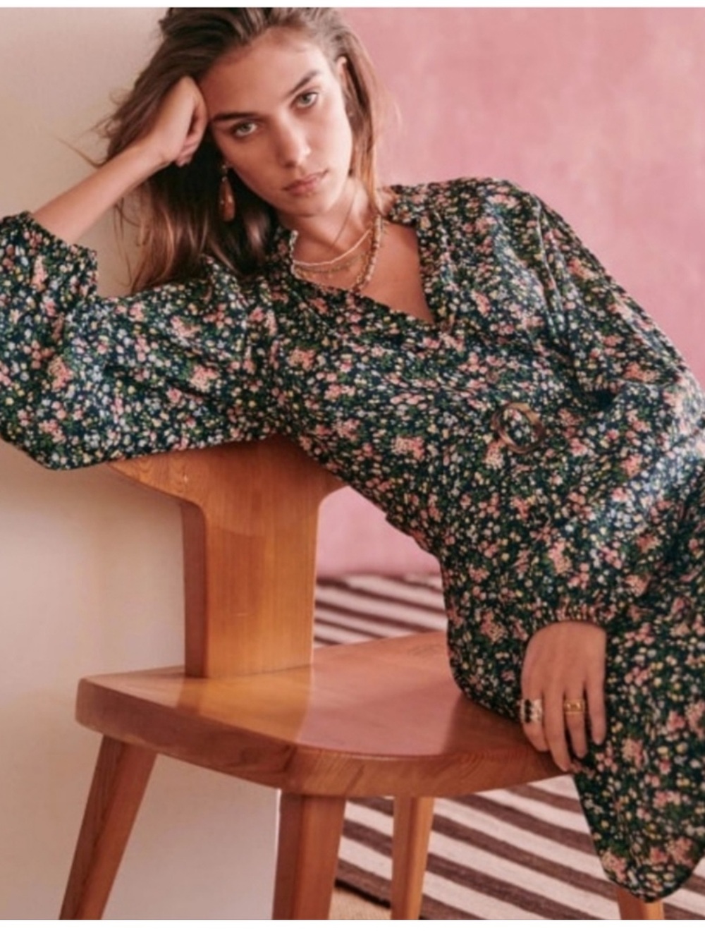 Sezane Dark Green Floral Mini Dress with Pink & Cream Blooms